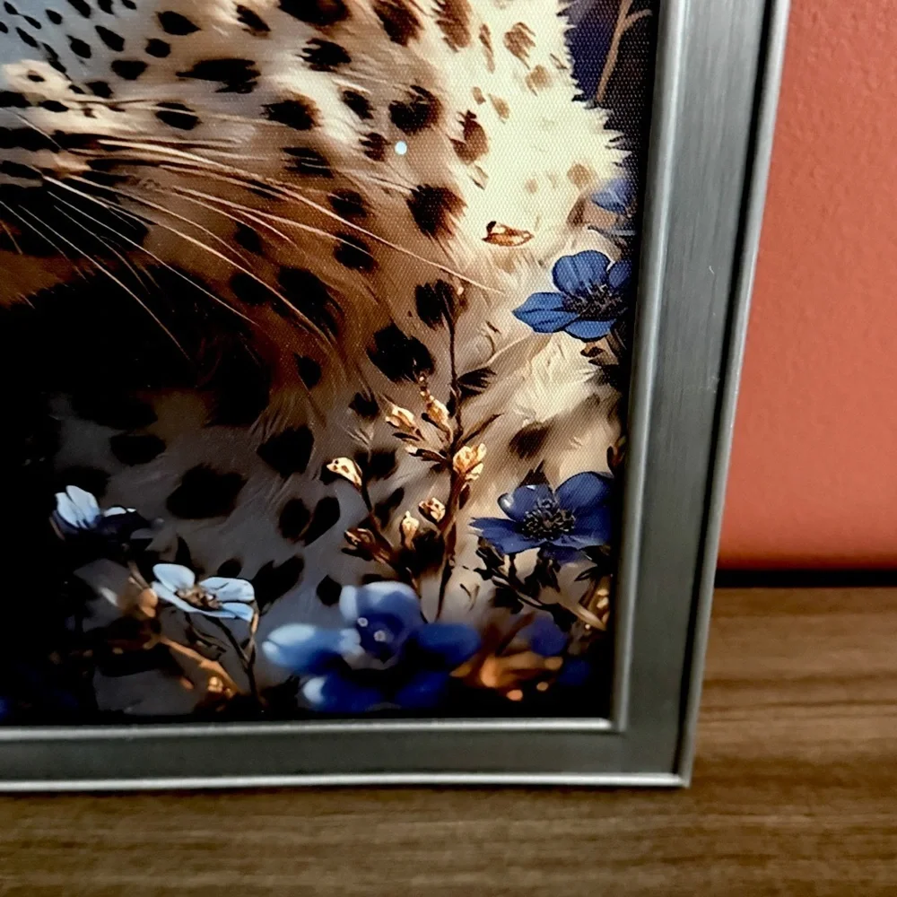 Leopard Blue Floral Animal Big Cat Canvas Art Print Silver Metal Framed Wall Art